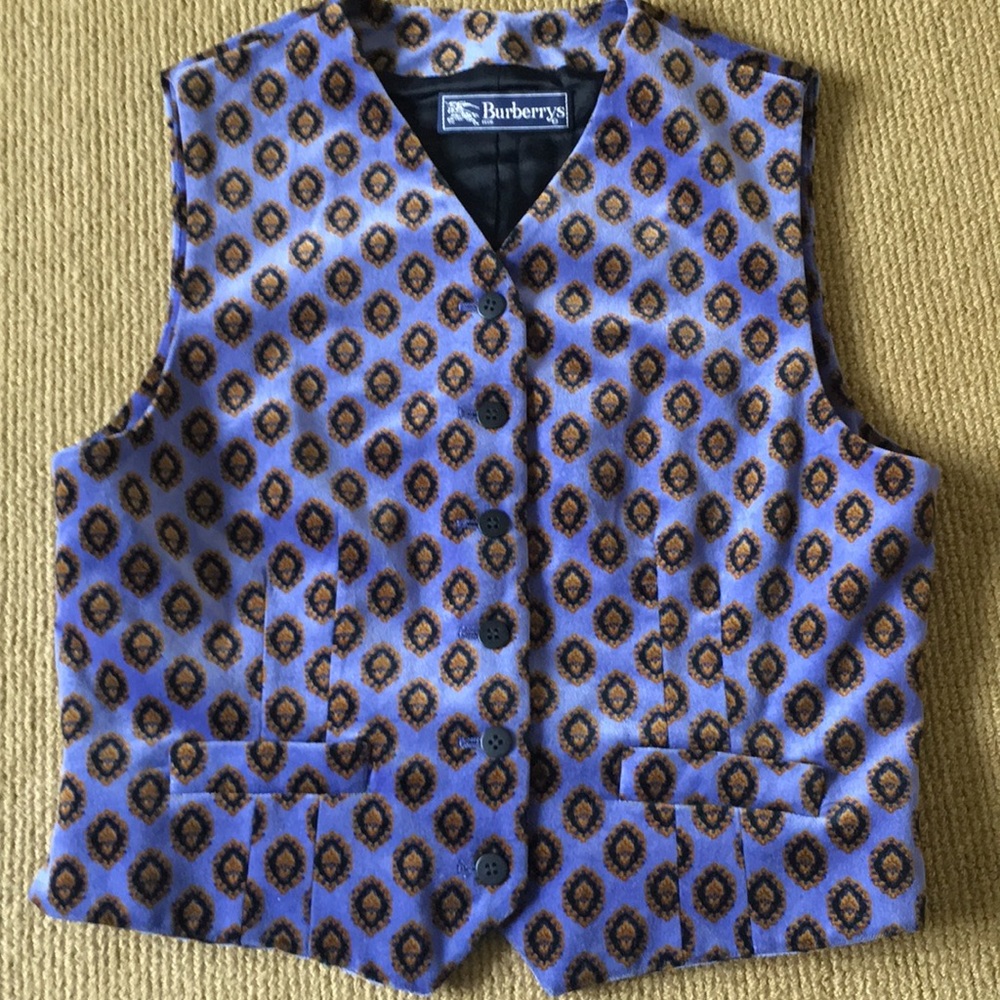Burberry Blue Velour Patterned Button Front Vest - image 1